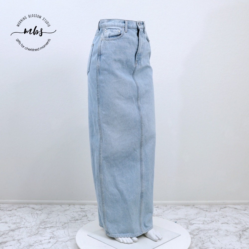 GRLFRND Fitted Silhouette Denim Maxi Pencil Skirt Back Slit Blue Women XS/25